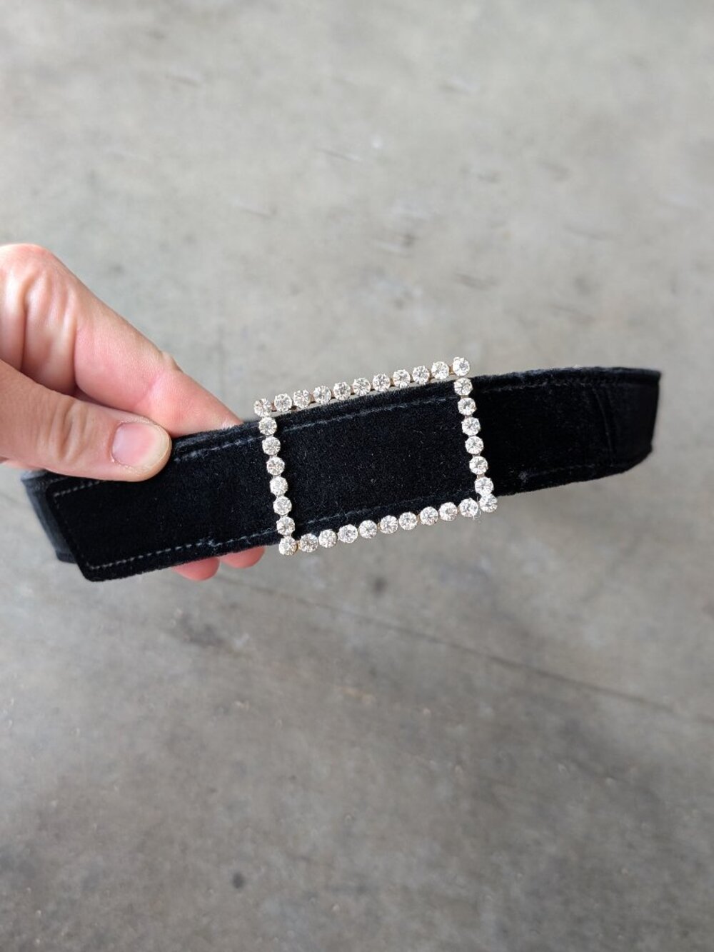 Vintage 80s Ann Taylor Black Velvet Velour Belt with Rhinestone Buckle medium